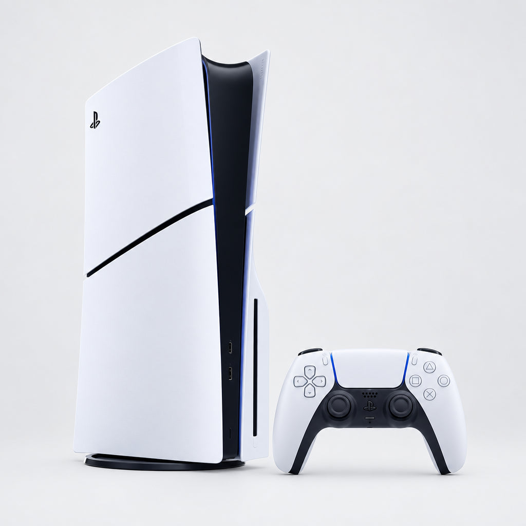 Consola PlayStation 5 Slim blanca con mando inalámbrico, vista frontal en caja.