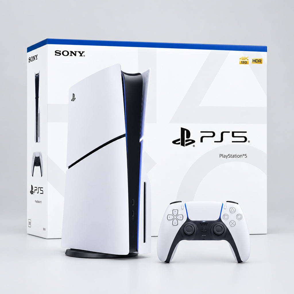 Consola de videojuegos blanca Slim en caja, con controles inalámbricos incluidos