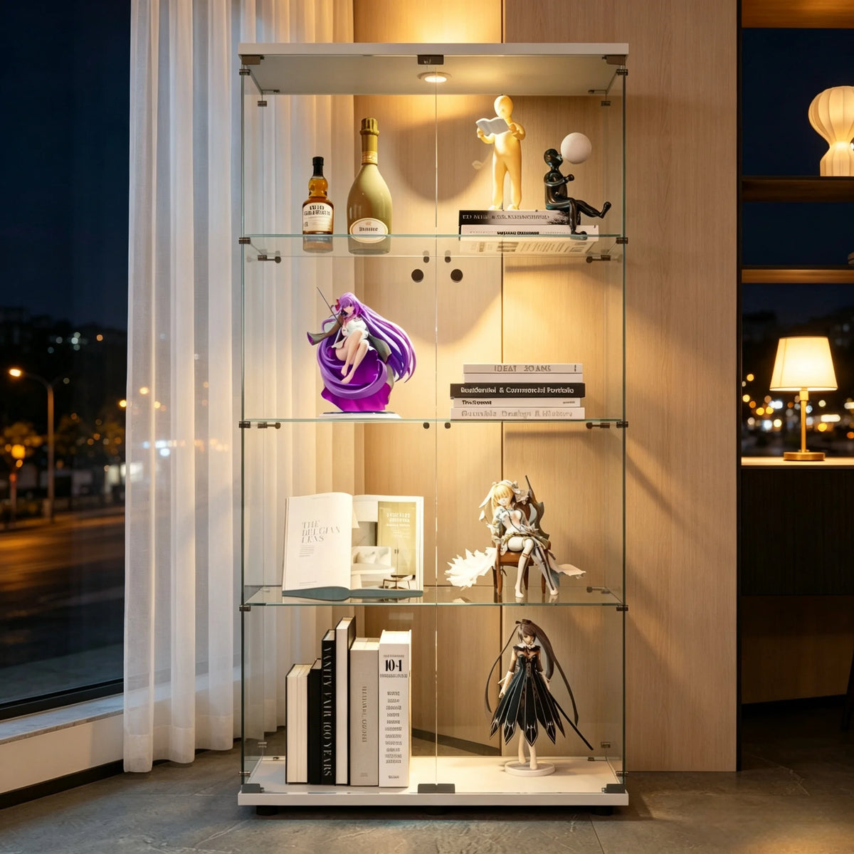 Vitrina de cristal con iluminación LED de 2 puertas, gabinete curio de 4 niveles con estantes de vidrio templado, expositor para coleccionables, figuras, vino o libros para el hogar u oficina