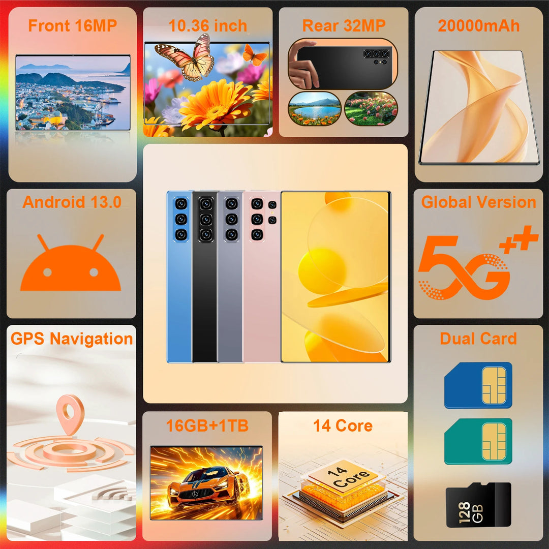 Tableta Android de 10.36 pulgadas, con función de llamada telefónica, Android 13, 16 GB + 1 TB, procesador de 14 núcleos, batería de 20000 mAh, Bluetooth, ideal para estudiar, jugar, trabajar en la oficina, con doble SIM,