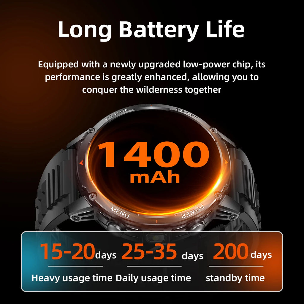 Nuevo reloj inteligente duradero T-rex3 para hombre con batería de 1400mAh, pantalla HD de 1.53", rastreador de actividad física, oxígeno en sangre y linterna LED para Android 2026