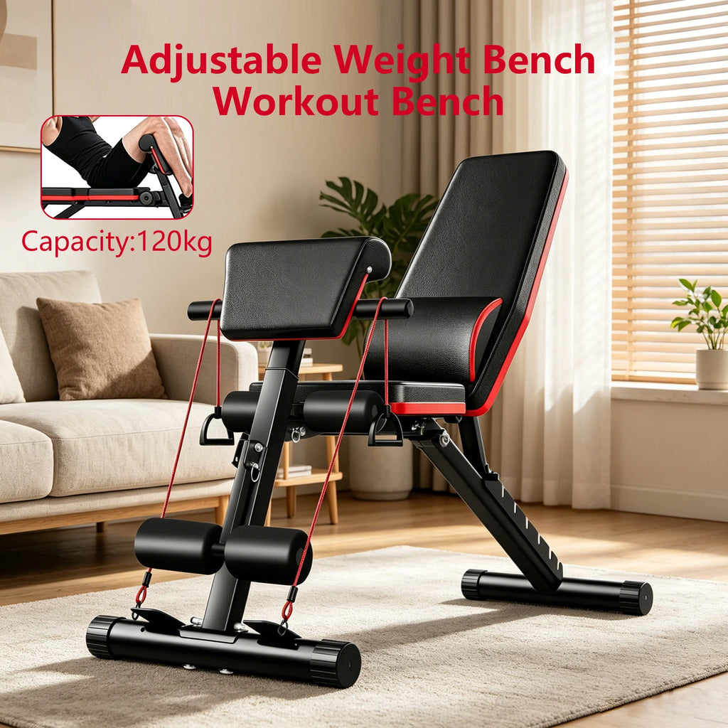 Banco de Pesas Plegable Multifuncional 6 en 1, Banco de Ejercicios con Respaldo Ajustable en 7 Posiciones y Cuerdas de Resistencia para Entrenamiento de Cuerpo Completo en Casa