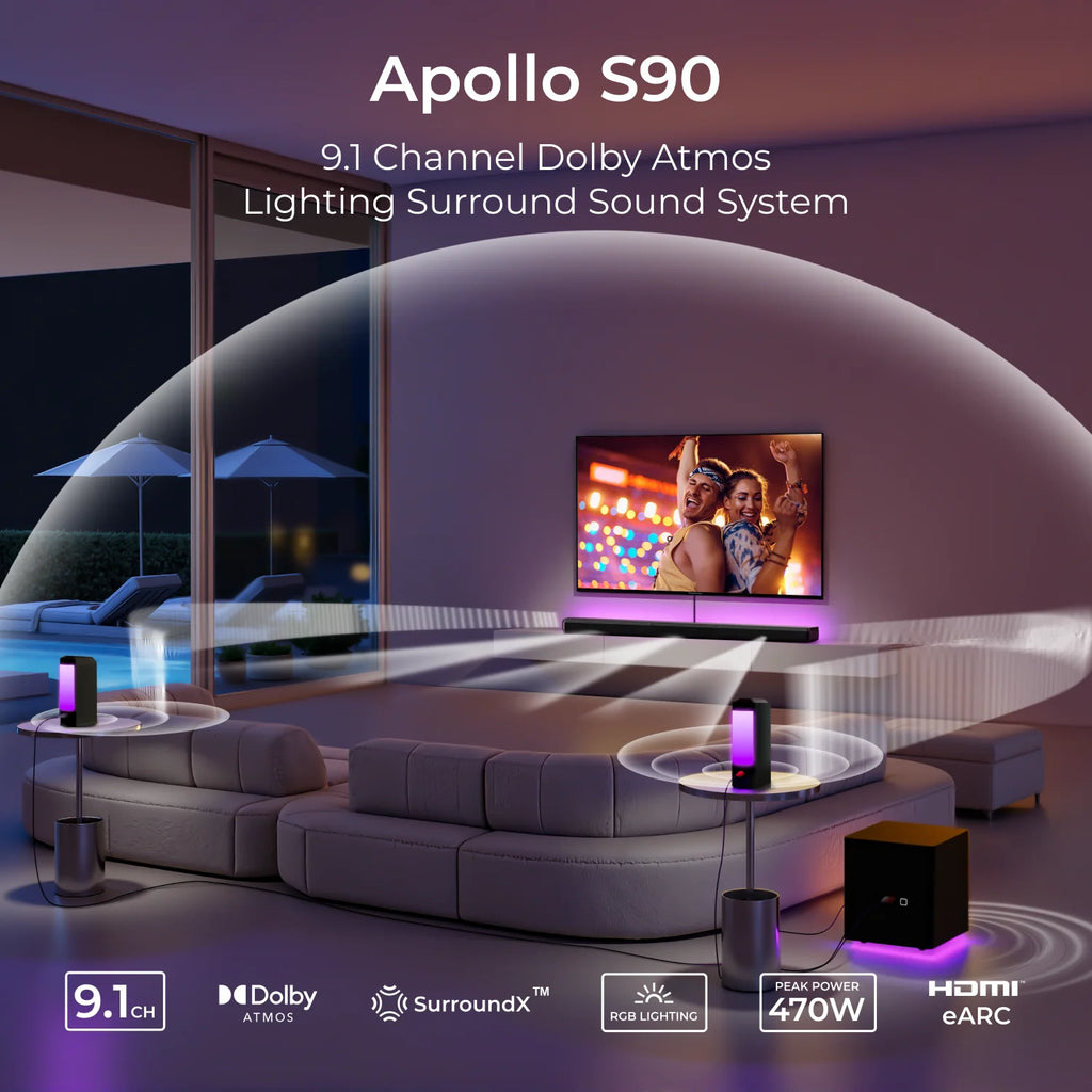 Barra de sonido ULTIMEA 9.1CH con sonido envolvente Dolby Atmos y subwoofer inalámbrico de 6,5 pulgadas, potencia máxima de 470 W, tecnología SurroundX. ™ , BassMX ™ Diseño 3 en 1 desmontable, iluminación RGB, HDMI,