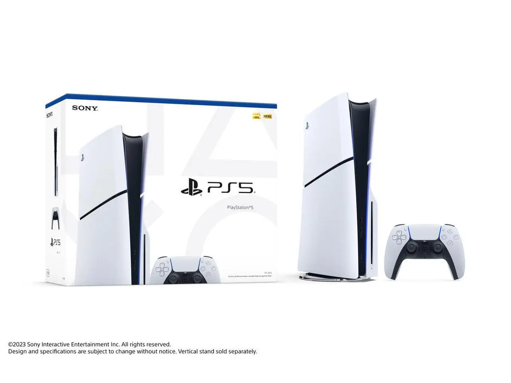 Caja del set PlayStation 5 Slim blanca con consola y control inalámbrico.