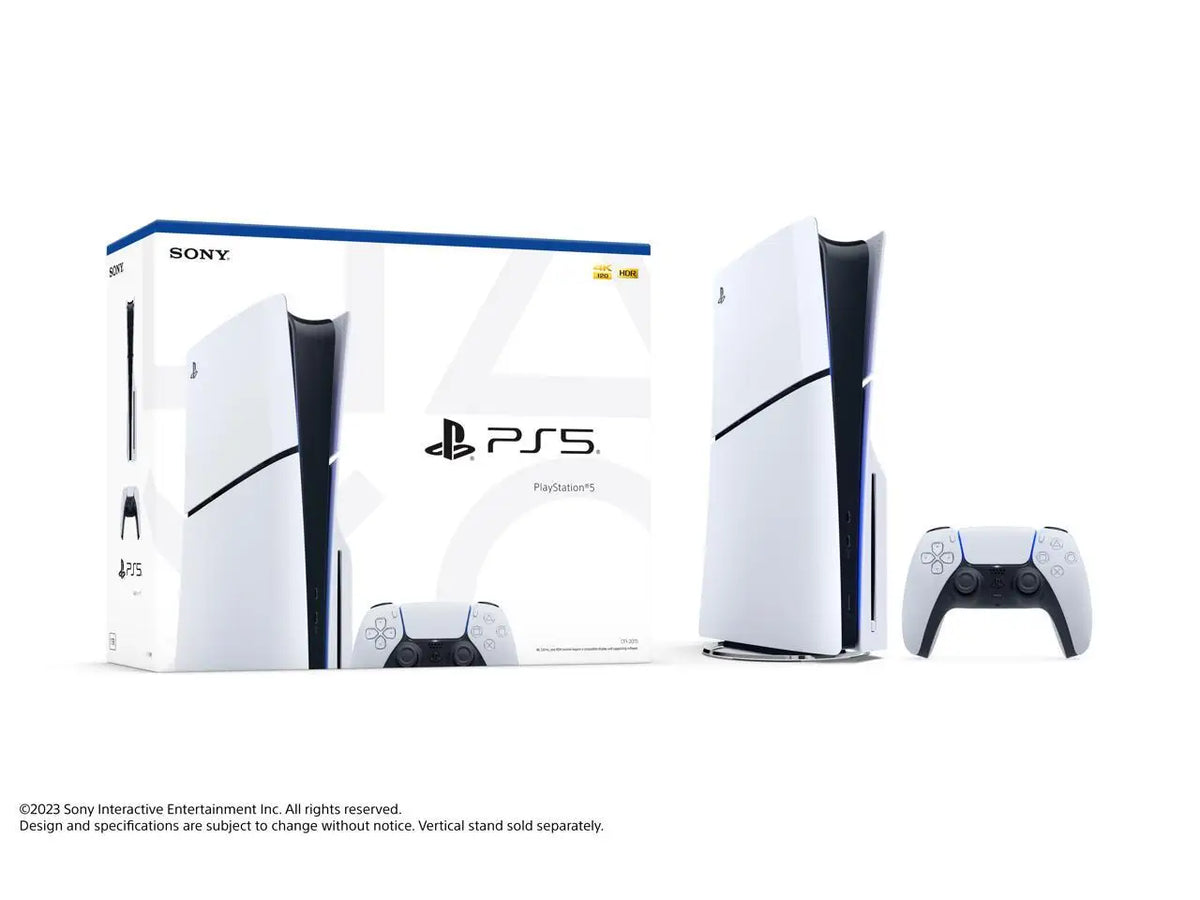 Caja del set PlayStation 5 Slim blanca con consola y control inalámbrico.