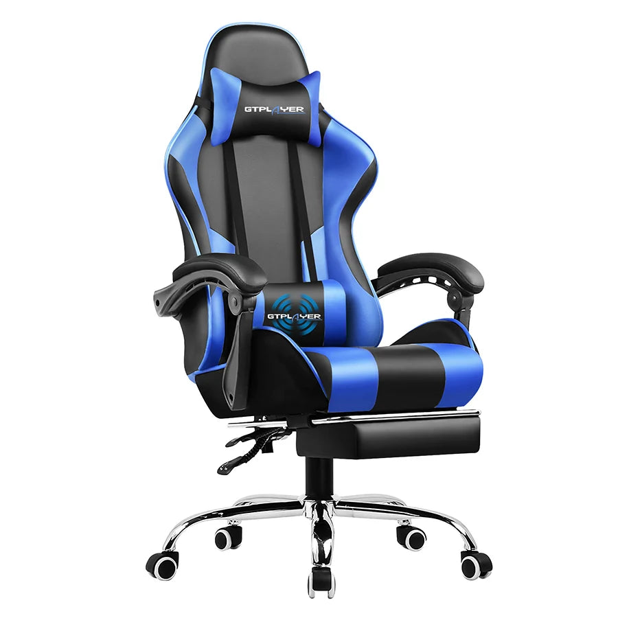 Silla gaming negra y azul con reposapiés, reposacabezas, soporte lumbar y ruedas