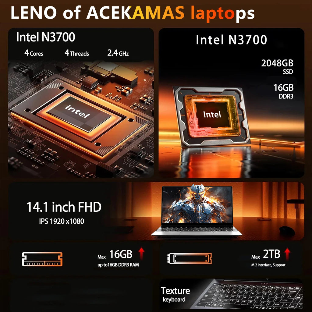2026 Portable 14.1 Inch Laptop Computers 16GB RAM 512GB 1TB 2TB SSD Intel N3700 Notebook Windows 11 Office Study Game PC Laptop