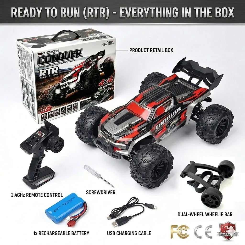 1:16 Scale RC Car 50KM/H High Speed 4WD Off-Road Monster Truck IPX4 Waterproof 2.4GHz Remote Control Hobby Grade Vehicle for Adults Kids All Terrain Racing