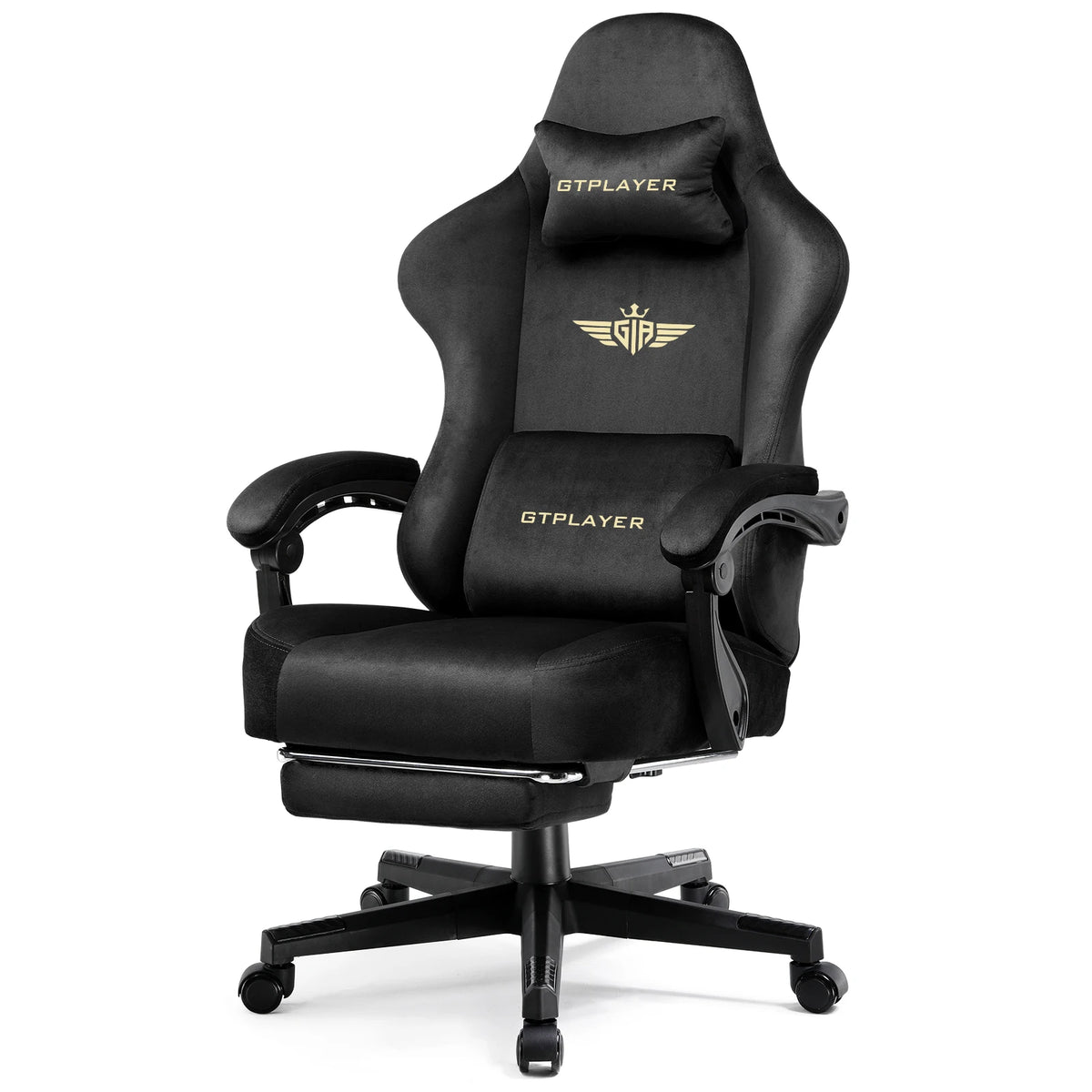 Silla gamer de tela negra con respaldo alto, reposabrazos y base con ruedas