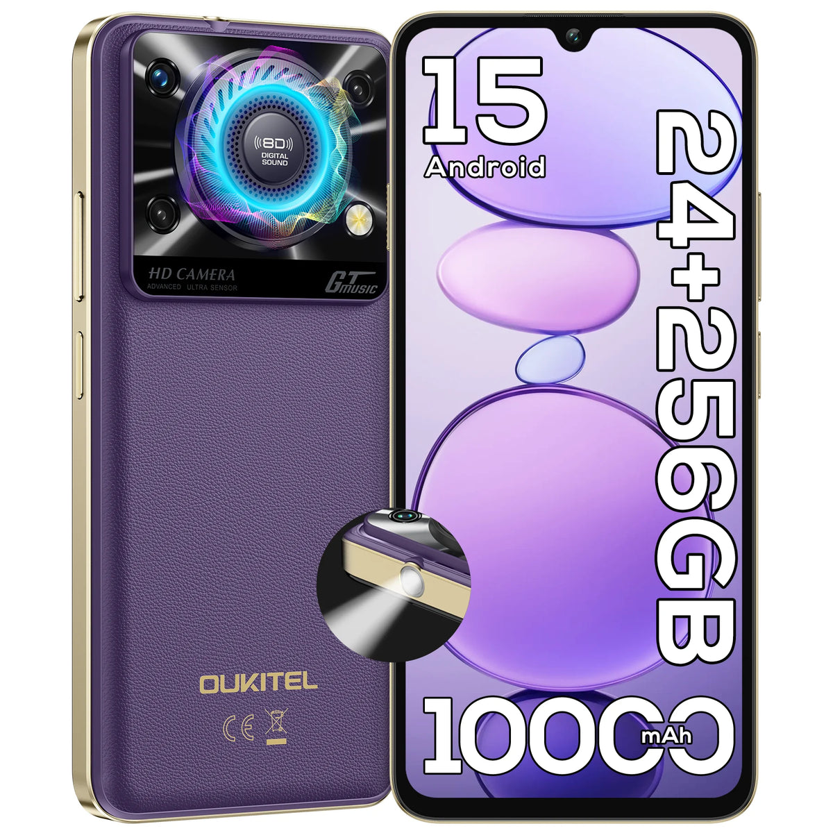 Smartphone OUKITEL C60PRO desbloqueado, Android 15, pantalla HD+ de 6,88 pulgadas y 90 Hz (1640 x 720), 24 GB de RAM (8 + 16 GB de memoria ampliable) + 256 GB de ROM, compatible con tarjeta TF de 1 TB para ampliar la memoria,