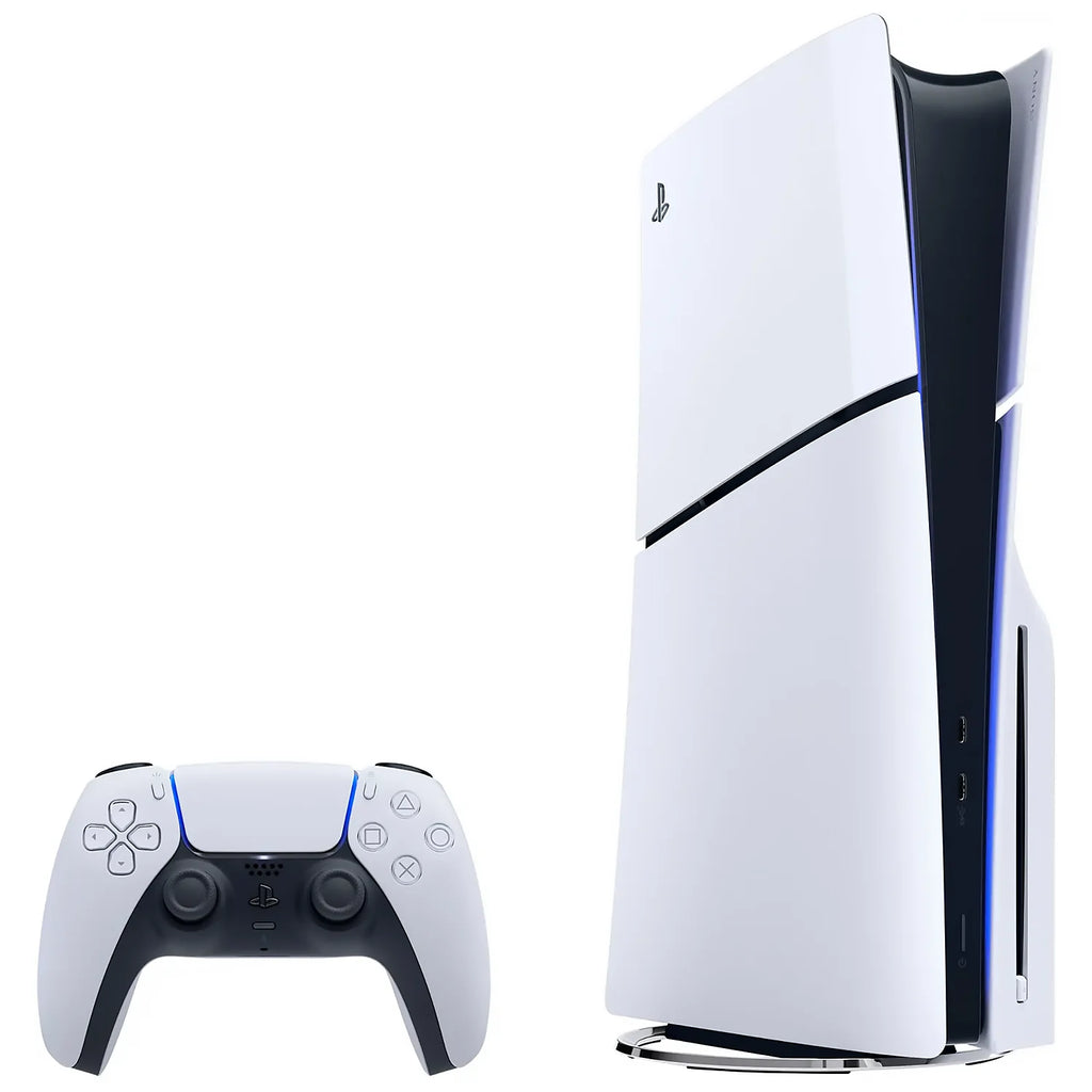 Consola PlayStation 5 Slim blanca y azul con mando inalámbrico blanco