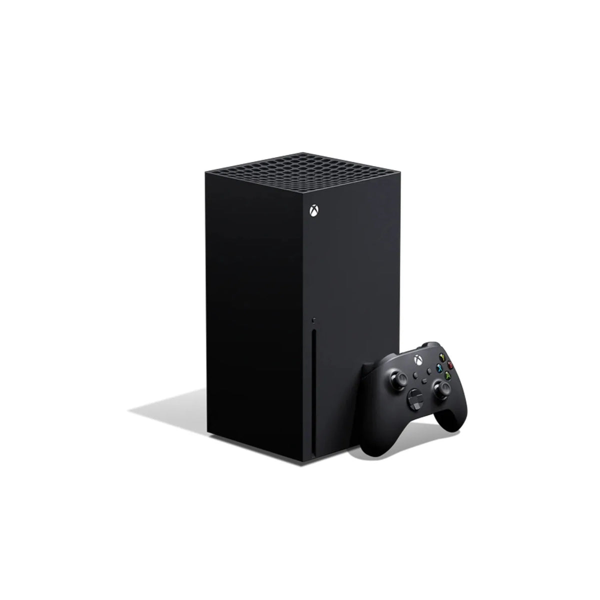 Consola Xbox Series X negra con rejilla superior y controlador