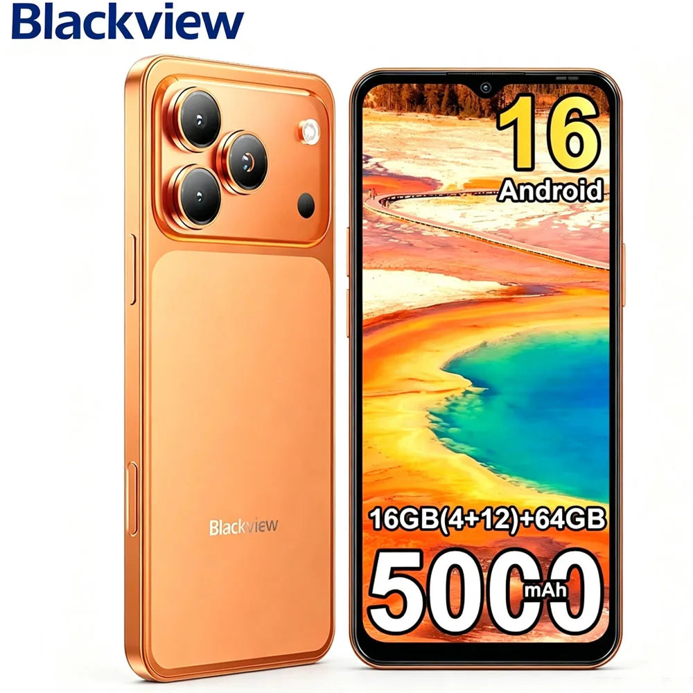 Smartphone Blackview WAVE 7C 4G desbloqueado, pantalla IPS HD+ de 6.56'', 16 GB (4+12) RAM + 128 GB ROM, procesador Unisoc, batería grande de 5000 mAh, cámara frontal de 32 MP y trasera de 13 MP, Android 16, teléfono móvil de doble SIM para uso diario