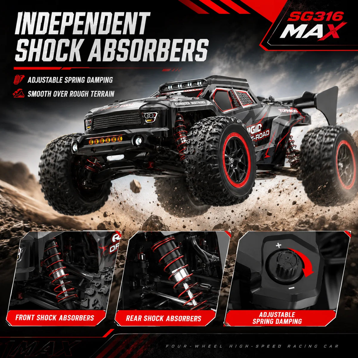 Auto RC sin Escobillas de Alta Velocidad 80km/h para Todo Terreno con Luces LED Brillantes, Control Remoto 2.4G, Camioneta RTR 1/16, Auto Todoterreno 4WD