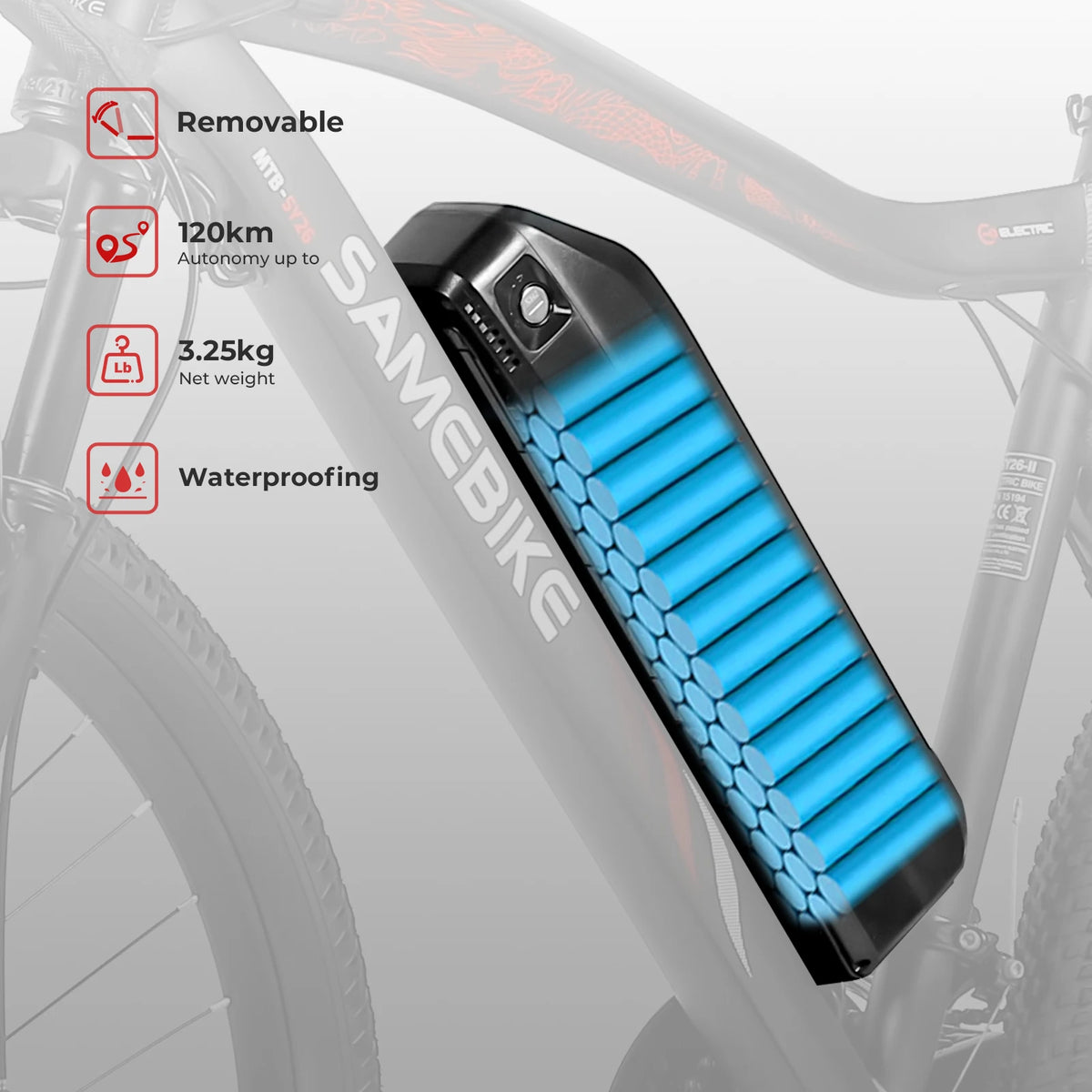 Bicicleta eléctrica para adultos SAMEBIKE SY26-II, 26 pulgadas, 36V 13Ah 250W, autonomía de 90KM, freno de disco, suspensión delantera
