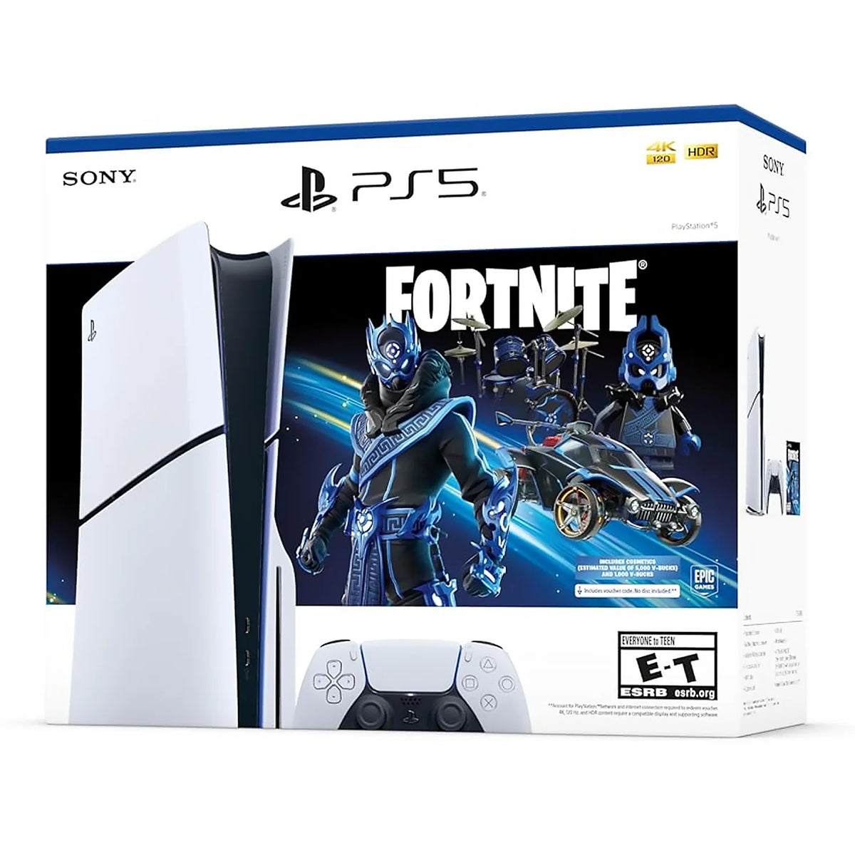 Consola PlayStation 5 Slim disc con caja Fortnite y mando blanco, vista frontal