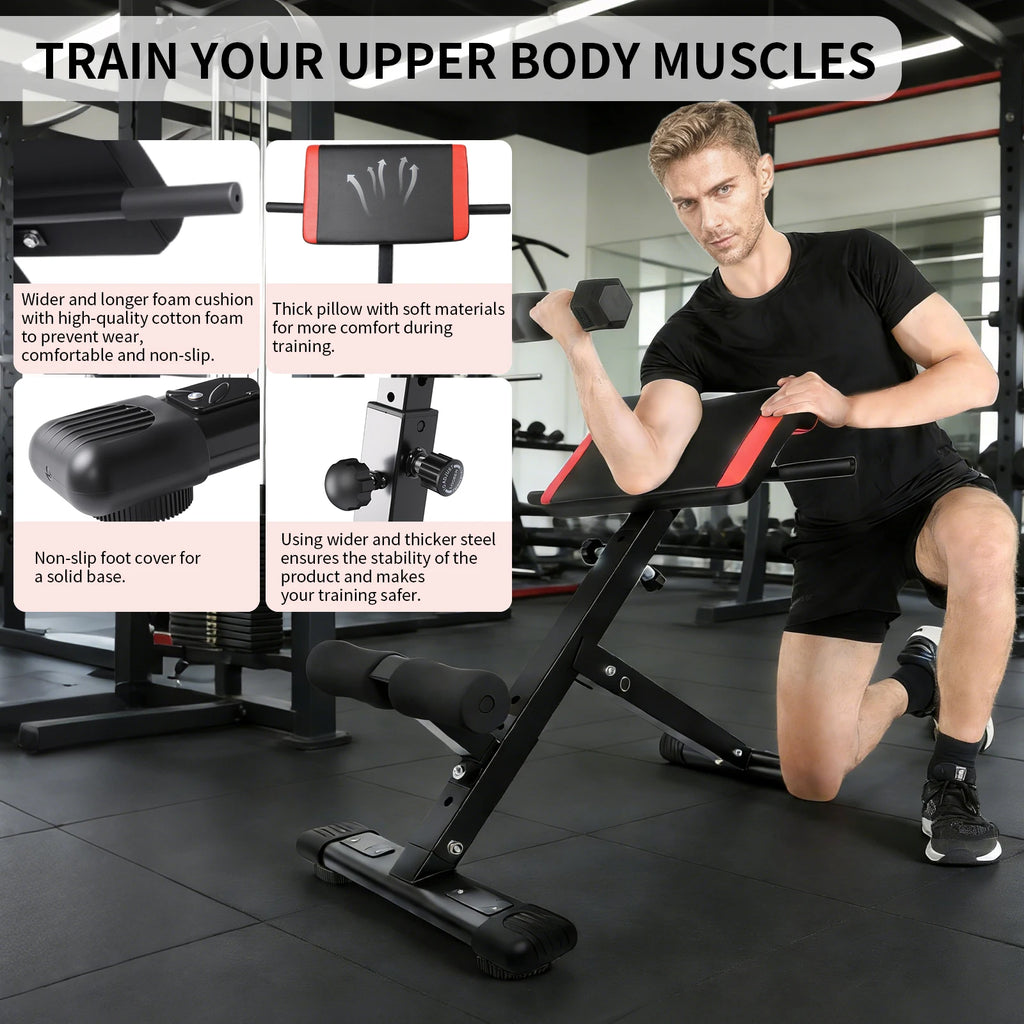 Banco de entrenamiento multifuncional 3 en 1 para abdominales, espalda y core, con respaldo ajustable de 4 capas (rango de altura 94–110 cm) para gimnasio en casa y entrenamiento de fuerza.