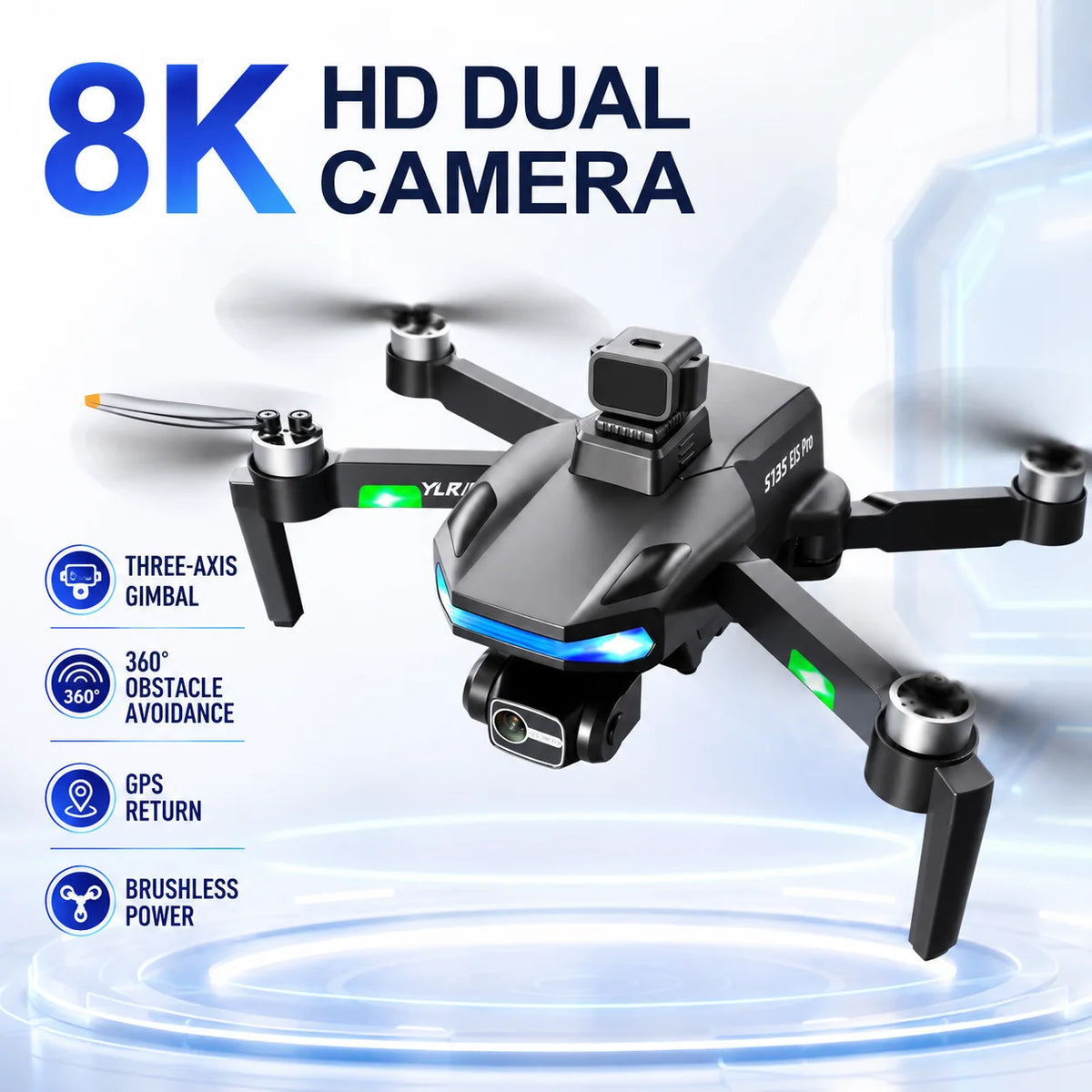 Drone negro con cámara dual 8K, luces azules y hélices desplegadas