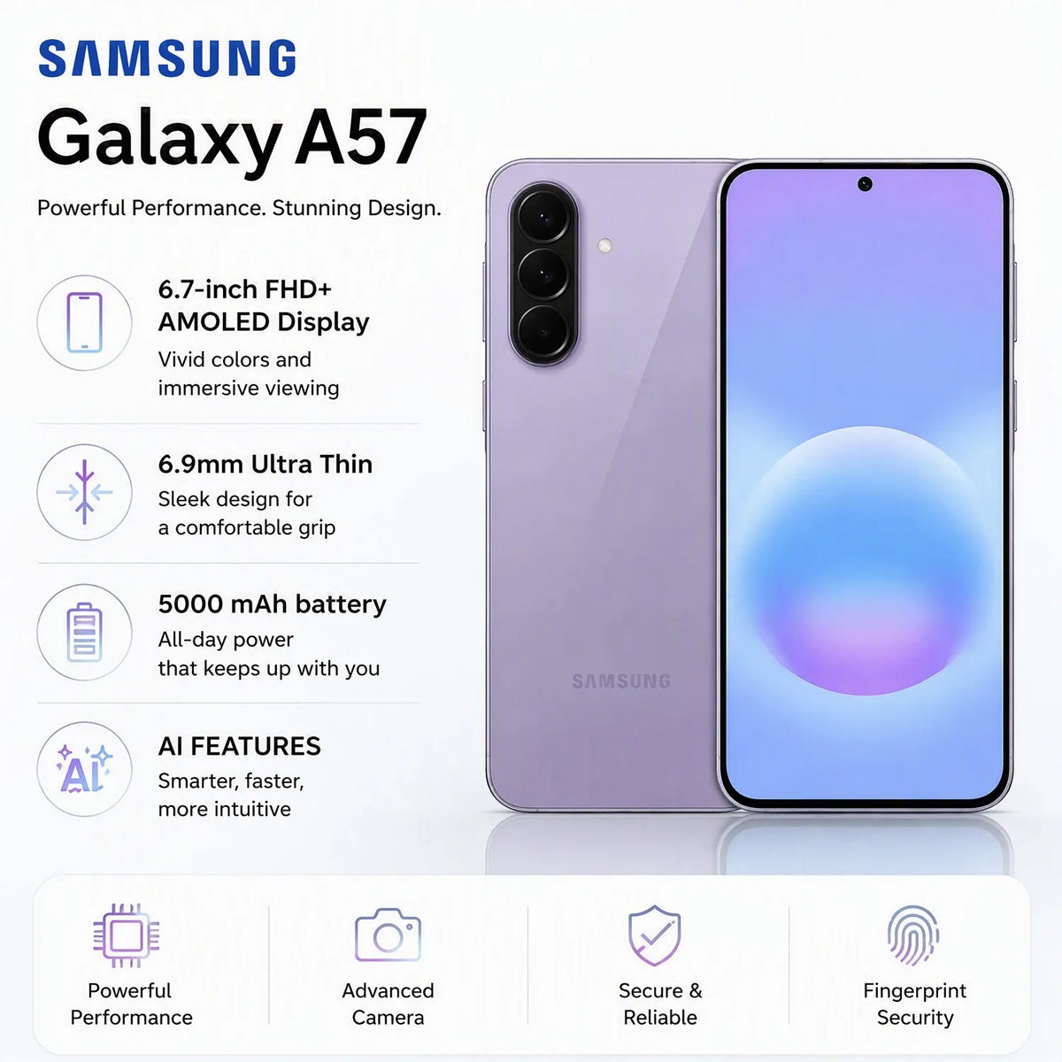 Smartphone Samsung Galaxy A57 5G 8GB RAM 256GB de almacenamiento, versión global, pantalla Super AMOLED de 6.7" a 120Hz, procesador Exynos 1680, cámara de 50MP, NFC, batería de 5000mAh con carga rápida e inteligencia artificial