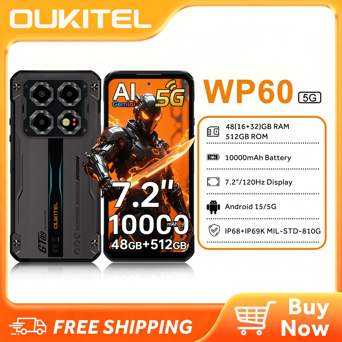 Teléfono resistente OUKITEL WP60 5G desbloqueado, pantalla de 7.2 pulgadas, smartphone de 10000 mAh/33 W, 48 GB de RAM + 512 GB de ROM/TF 2 TB, cámara de 108 MP, IP68/IP69