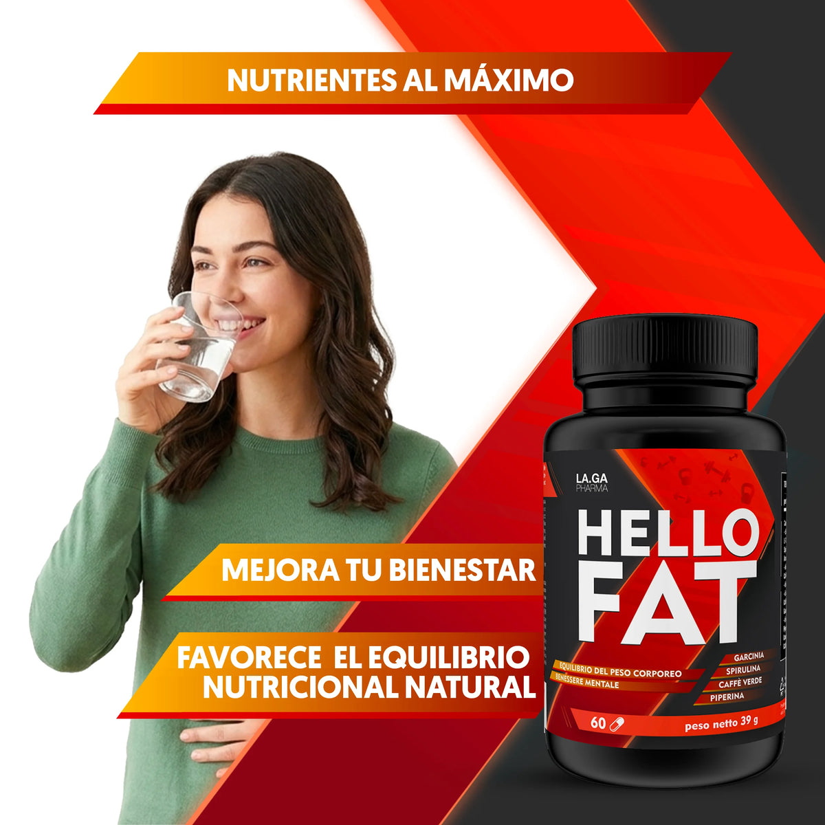 HelloFat© Suplemento con Espirulina, L-Tirosina, Naranjo Amargo, Piperina, Cromo. Natural Complex para Hombre y Mujer, Fórmula Completa, 60 Cápsulas Fabricado en Italia, 2 Meses.