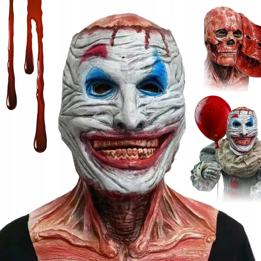 Máscara de payaso de doble capa, desmontable, para Halloween: cubre la cara con un diseño de terror reversible, con dientes sangrientos y cabeza calva realistas, y correa ajustable para adultos. Máscara original y aterrado