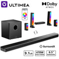Barra de sonido ULTIMEA 9.1CH con sonido envolvente Dolby Atmos y subwoofer inalámbrico de 6,5 pulgadas, potencia máxima de 470 W, tecnología SurroundX. ™ , BassMX ™ Diseño 3 en 1 desmontable, iluminación RGB, HDMI,