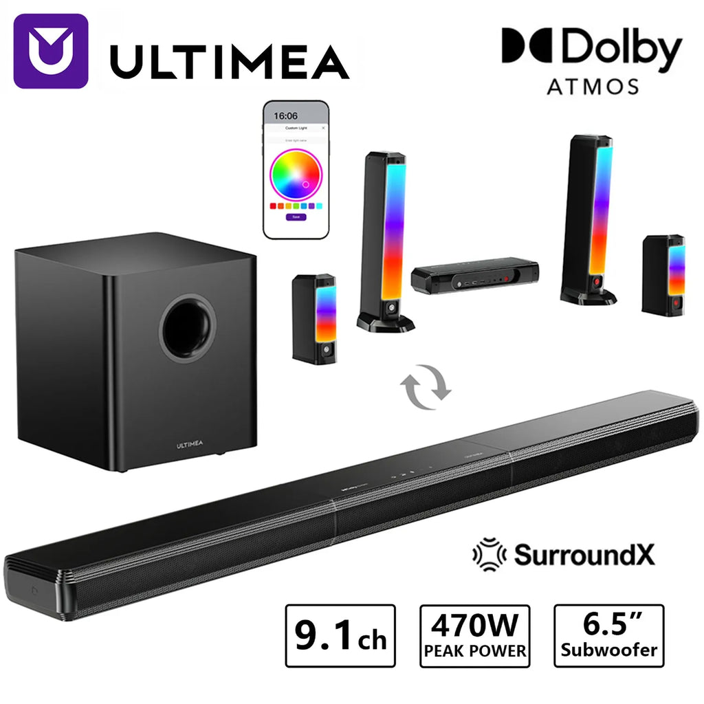 Barra de sonido ULTIMEA 9.1CH con sonido envolvente Dolby Atmos y subwoofer inalámbrico de 6,5 pulgadas, potencia máxima de 470 W, tecnología SurroundX. ™ , BassMX ™ Diseño 3 en 1 desmontable, iluminación RGB, HDMI,