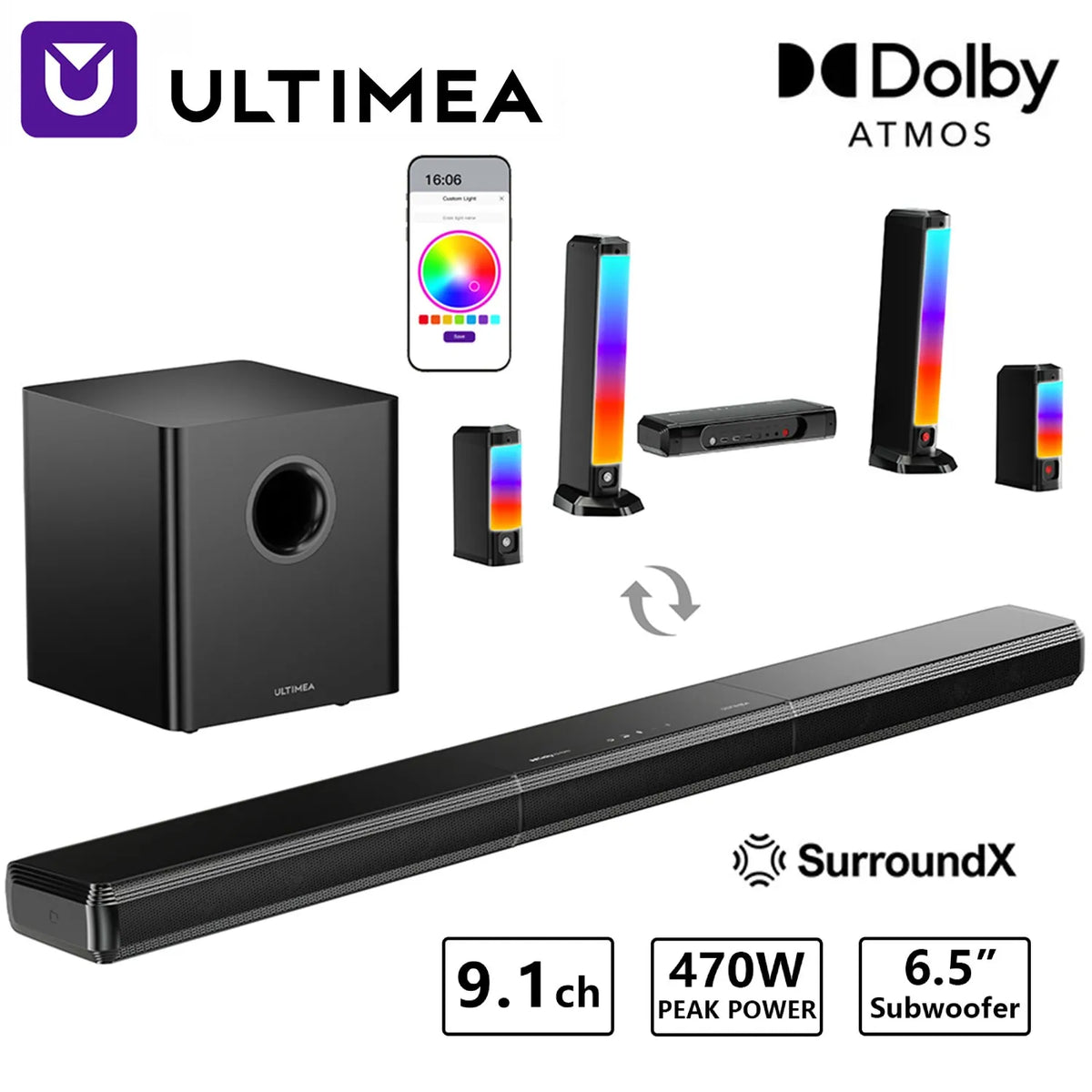 Barra de sonido ULTIMEA 9.1CH con sonido envolvente Dolby Atmos y subwoofer inalámbrico de 6,5 pulgadas, potencia máxima de 470 W, tecnología SurroundX. ™ , BassMX ™ Diseño 3 en 1 desmontable, iluminación RGB, HDMI,