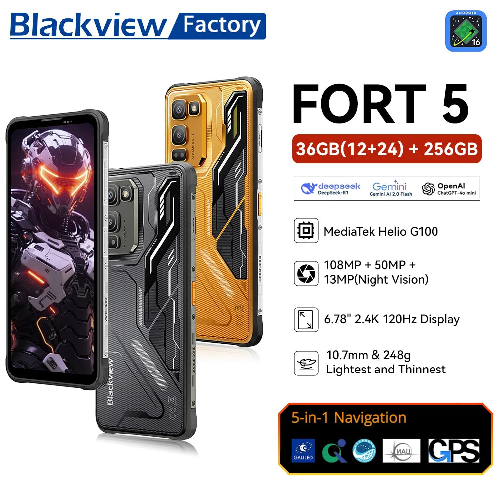 Smartphone resistente Blackview FORT 5, pantalla IPS HD+ de 6,78” 2,4K 120Hz, MediaTek, 12 GB+256 GB, 108 MP, 5000 mAh, Android 16, móvil con NFC