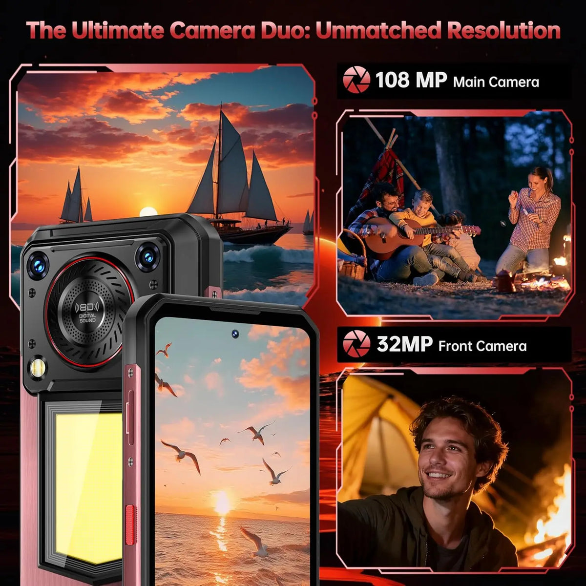 OUKITEL WP56, teléfono inteligente resistente 5G, desbloqueado, 32 GB + 256 GB/512 GB, Android 15, teléfono resistente, 16000 mAh con luz de camping, pantalla FHD+ de 6,8" y 120 Hz, carga rápida de 45 W, cámara de 108 MP,