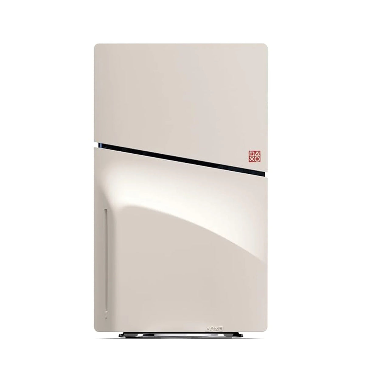 Parte trasera de la consola PlayStation 5 Slim blanca con franja negra y logo