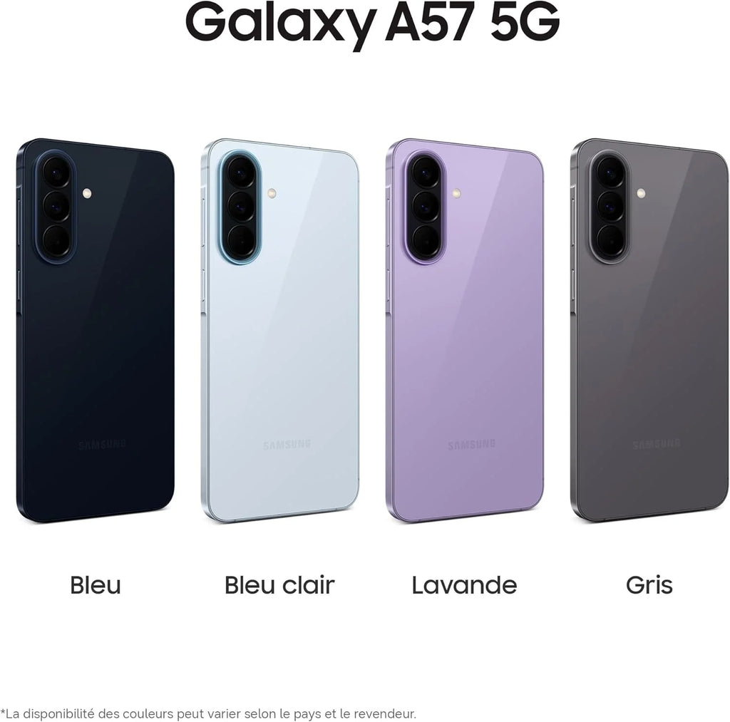 Smartphone Samsung Galaxy A57 5G con IA, pantalla Super AMOLED de 6,7" a 120 Hz, batería de 5000 mAh, carga rápida de 25 W, procesador Exynos 1680, cámara gran angular de 50 MP, IP68 y NFC.