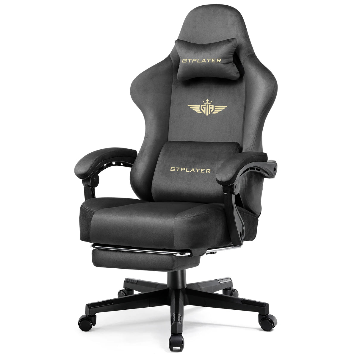 Silla gamer con respaldo alto y reposacabezas, tapizada gris oscuro, base con ruedas