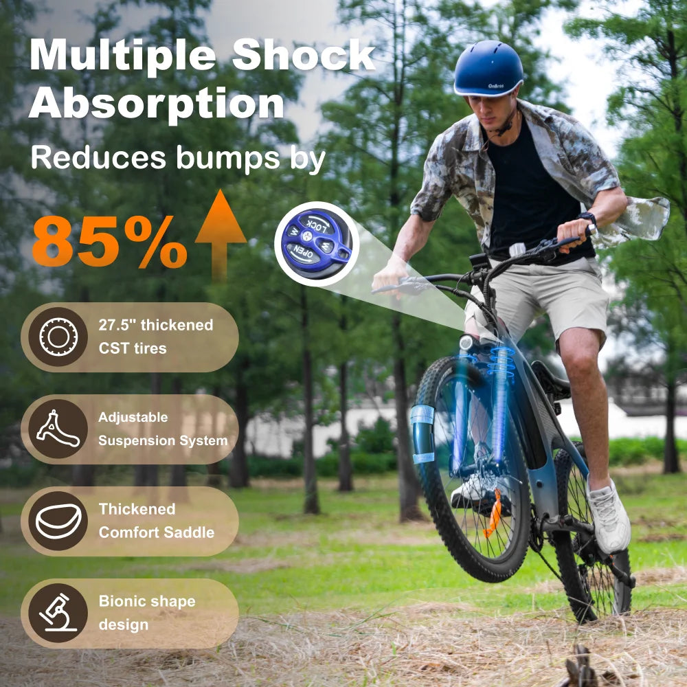 HX Q5 E-Bicycle Shark Frame 27.5'' Electric Mountain Bike 48V 13Ah 25km/h Electric Bike for Urban Commuting Dual-disc Brakes E-Bike