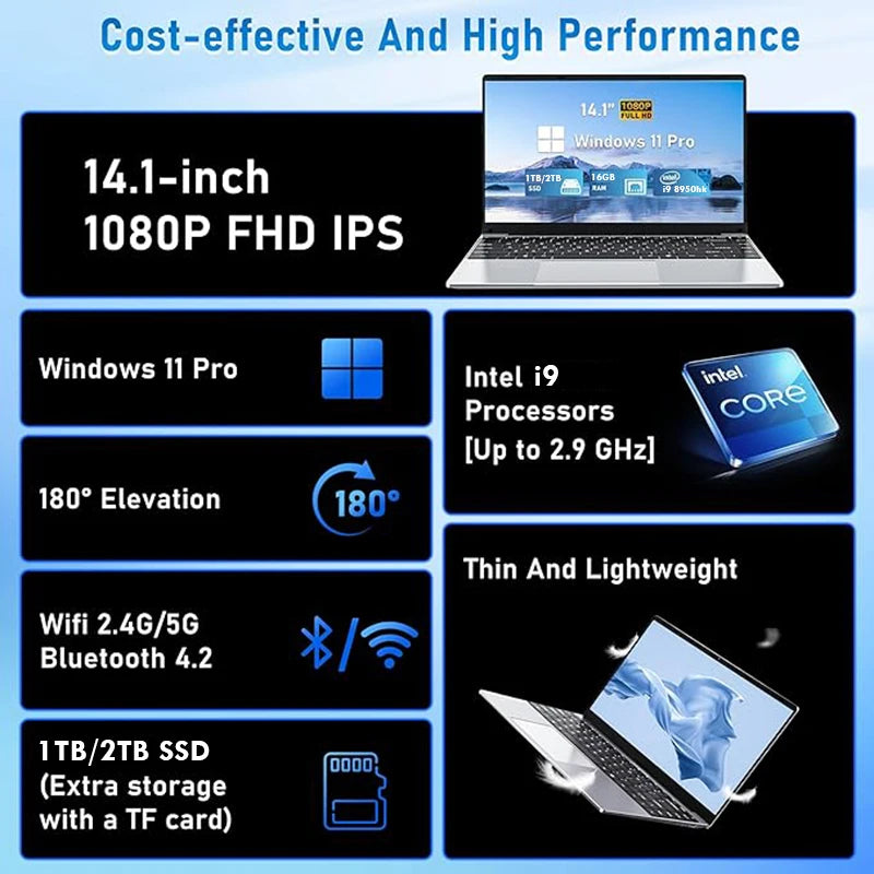 Computadora portátil de 14.1 pulgadas, Intel Core i9 10980HK, 16 GB de RAM, 1 TB/2 TB SSD, portátiles con Windows 11 Pro, computadora portátil para oficina, estudio y juegos.