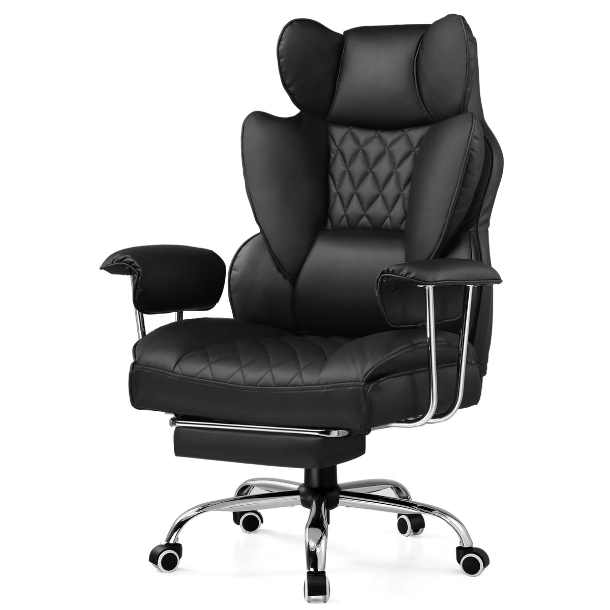 Silla gaming grande negra con reposapiés, soporte lumbar acolchado y reposacabezas