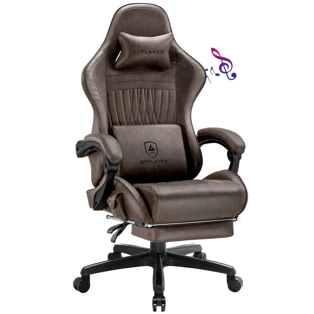 Silla de juego GTPLAYER color marrón medio con respaldo alto y reposapiés giratorio.