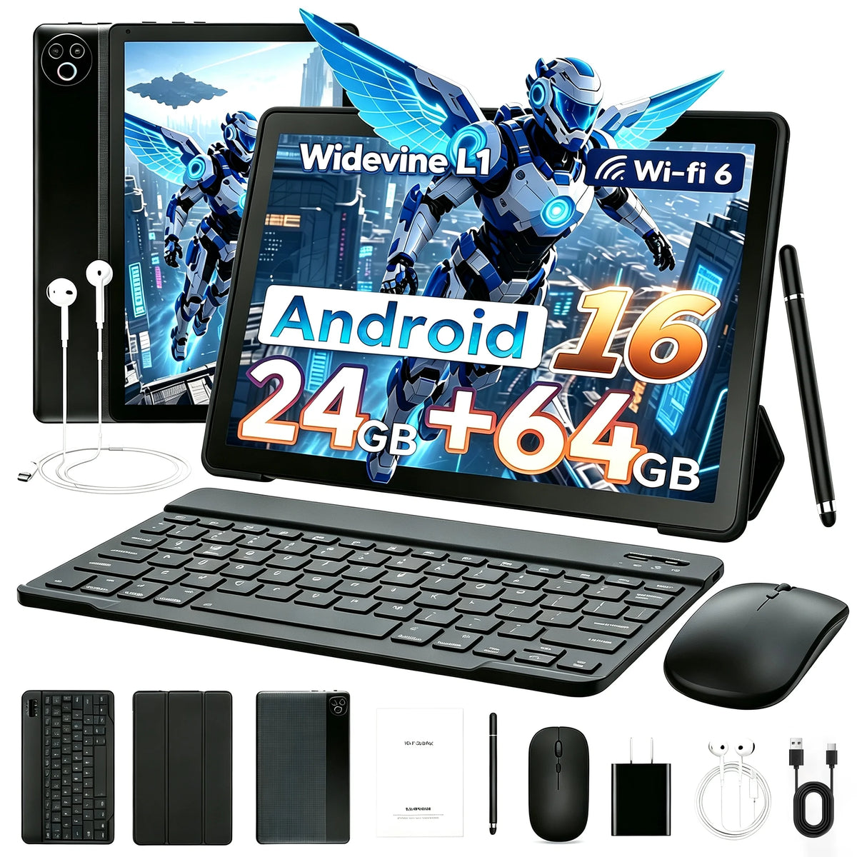 Tableta Android 16 Evermyth KB1001L de 10.1 pulgadas, RAM máxima de 24 GB (3 GB + 21 GB), ROM de 64 GB, CPU A333 de 5 núcleos, Widevine L1, batería de 6000 mAh, tipo C, expansión de 1 TB, WiFi 6, cámara de 5 MP + 8 MP, s