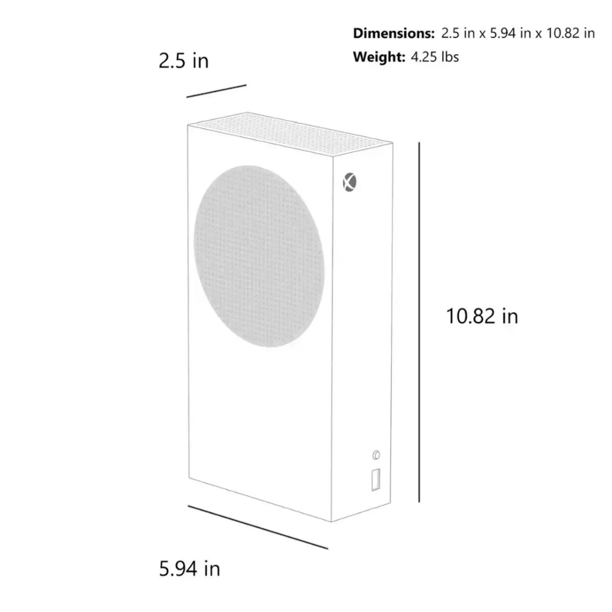 Consola Xbox Series S blanca con diagrama de dimensiones y peso