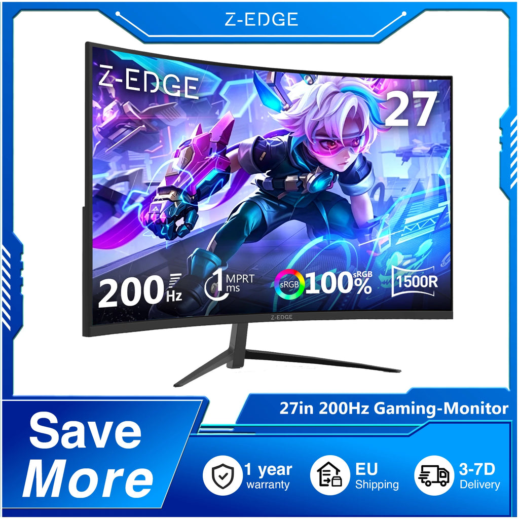 Monitor curvo para juegos Z-EDGE de 27 pulgadas 1K 1920 x 1080 Full HD, 200Hz, 1ms MPRT, panel VA 16:9, HDR10, FreeSync, curvatura 1500R, 350cd/m², 16.7M colores de visualización, Compatible con VESA