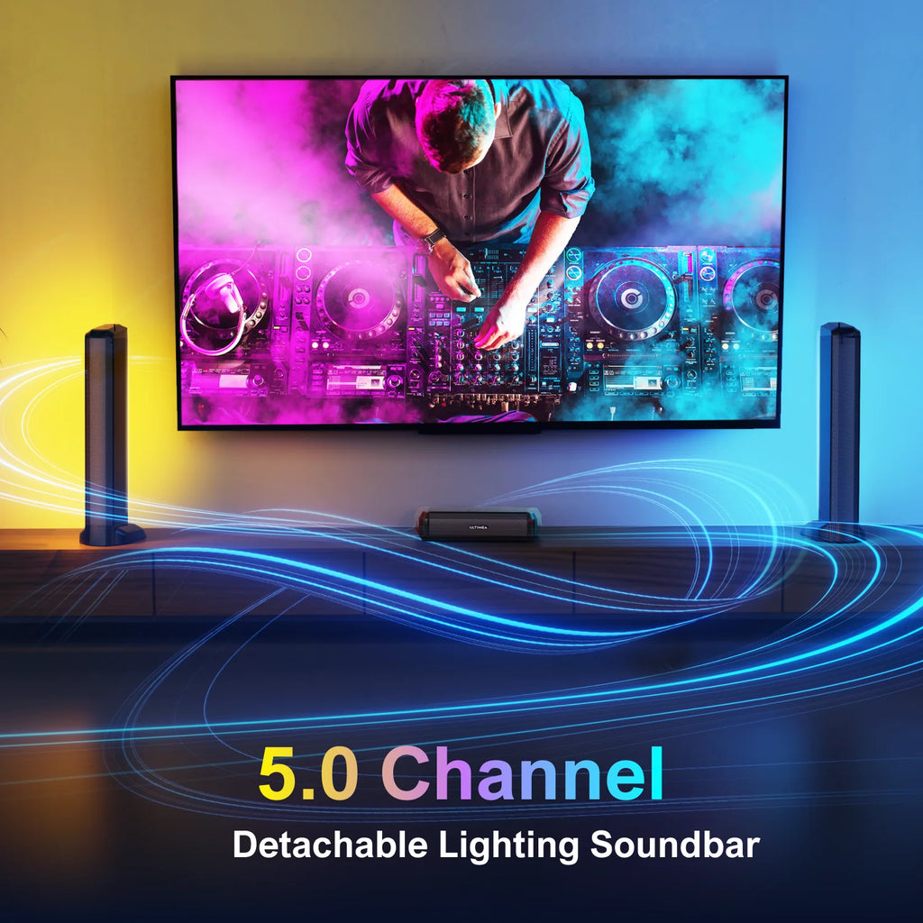 Barra de Sonido ULTIMEA Apollo S70 de 180W y 5.0 Canales para Smart TV, Barra de Sonido para PC con Luz RGB, Barra de Sonido Desmontable para TV con Control por Aplicación, HDMI-ARC/OPT/AUX