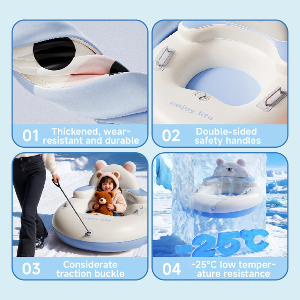 Tubo de Nieve Inflable Automático de 34.3 Pulgadas con Respaldo y Asas, Trineo de Nieve Portátil para Jugar en la Nieve al Aire Libre
