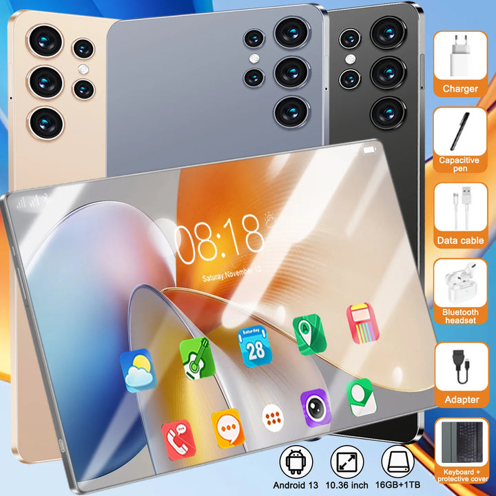 Tableta con pantalla táctil de 10,36 pulgadas, sistema Android 13, chip de 14 núcleos, 16 GB de RAM + 1 TB de almacenamiento, batería de 20 000 mAh, conexión SIM/Wi-Fi, doble cámara para juegos ligeros.