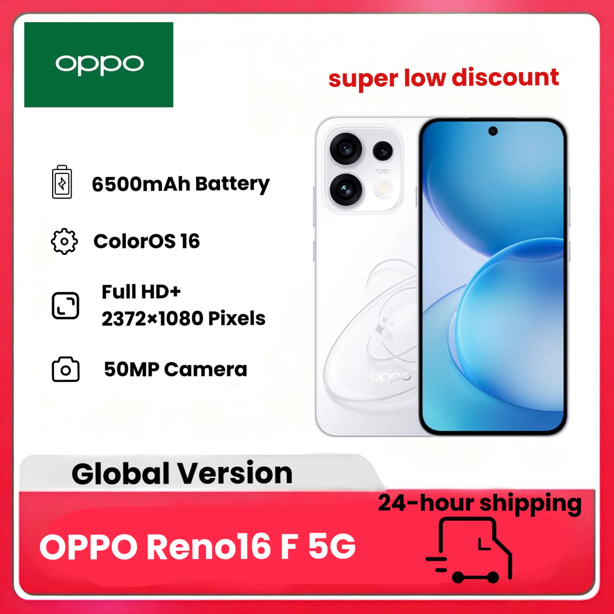 Smartphone Oppo Reno16 F 5G desbloqueado, 8+256 GB, cámara selfie ultra gran angular de 50 MP, vídeo 4K con enfoque automático, pantalla de 6,57" a 120 Hz, IP69K, (cargador no incluido)