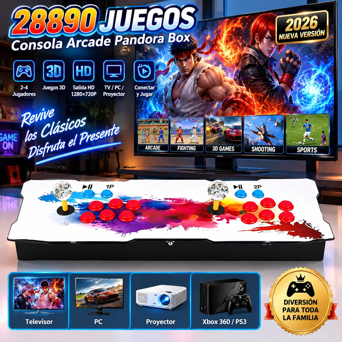 Maquina Arcade 2026.Consola de Juegos , Juegos Retro, 2-4 Jugadores, Compatible con Juegos 3D para PC, proyector y TV