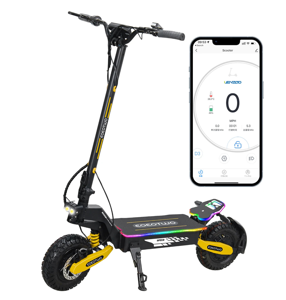 Patinete eléctrico negro y amarillo con rueda grande off-road y soporte para el móvil