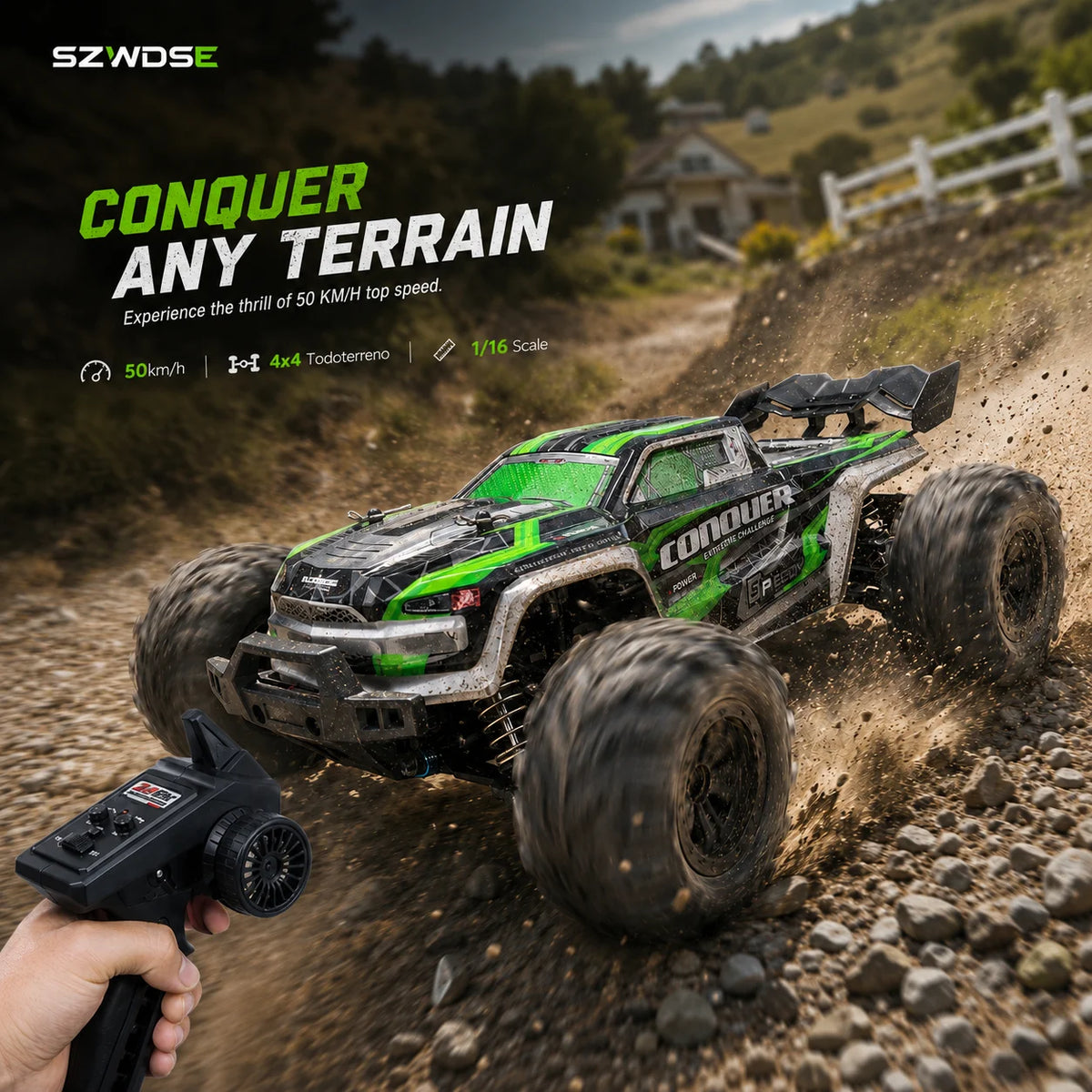 1:16 Scale Fast Remote Control Car, 50 KM/H High Speed 4WD with Powerful 390 Motor, Metal Anti-Vibration Shock Absorbers & IPX4 Waterproof, 2.4GHz Hobby Grade Monster Truck Buggy Ready to Run, Ideal All Terrain Off-Road Racin