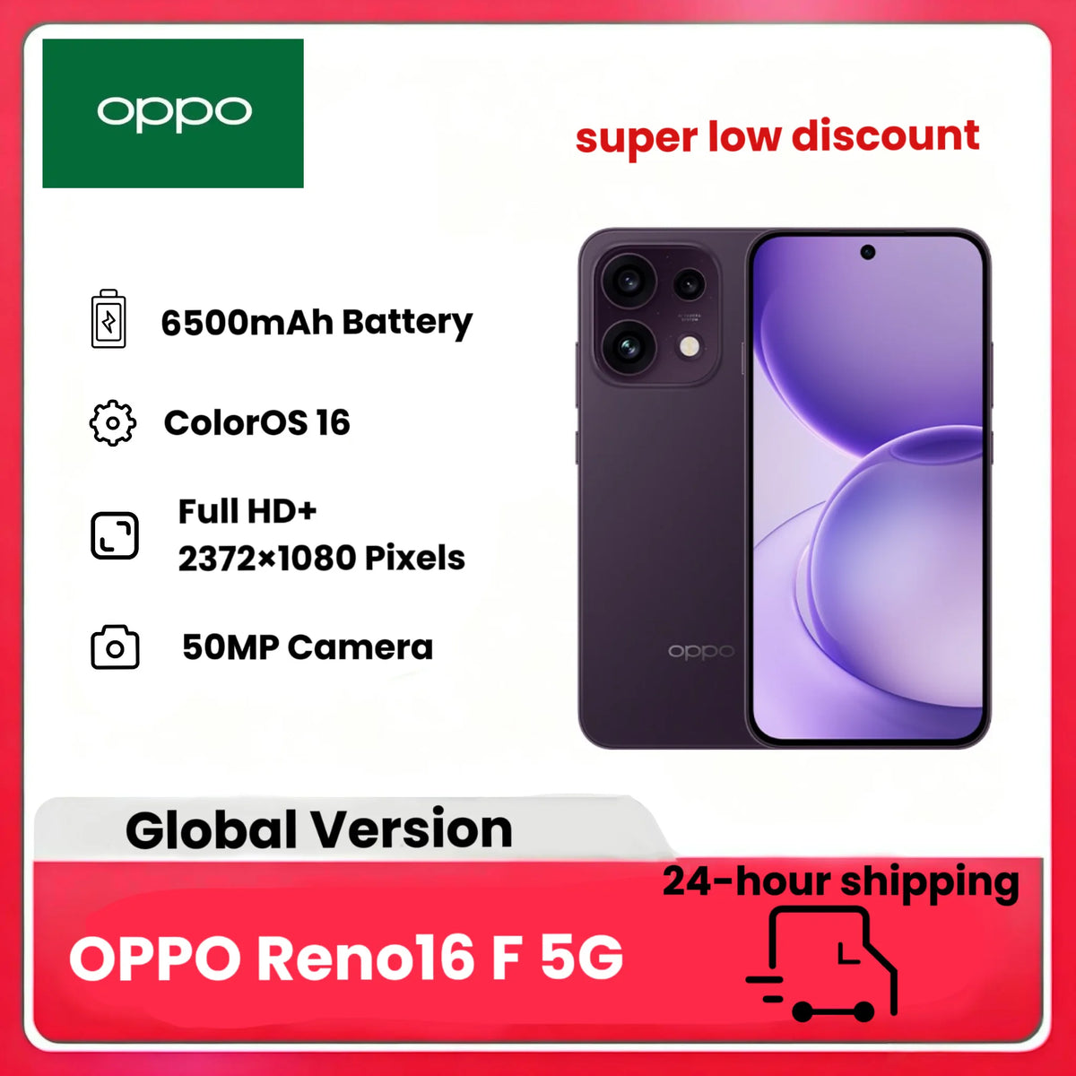 Smartphone Oppo Reno16 F 5G desbloqueado, 8+256 GB, cámara selfie ultra gran angular de 50 MP, vídeo 4K con enfoque automático, pantalla de 6,57" a 120 Hz, IP69K, (cargador no incluido)