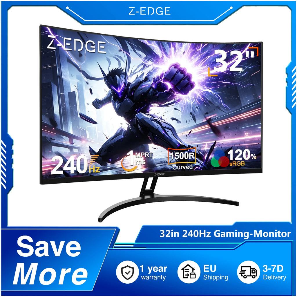 Monitor curvo para juegos Z-EDGE de 32 pulgadas, 240 Hz, monitor LED Full HD de 1920 x 1080, panel VA de 16:9, 1 ms MPRT, FreeSync, HDR10, brillo de 280 cd/m², pantalla curva de 1500R, 120 % sRGB, 3500:1, compatible con VESA